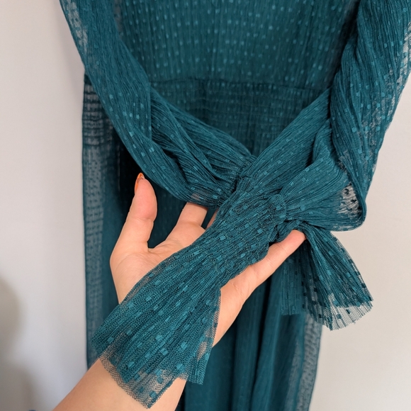 Zara Green Long Sleeve Dress Weddings Slip Sheer Midi Gorgeous Deep Green Small - Picture 10 of 16